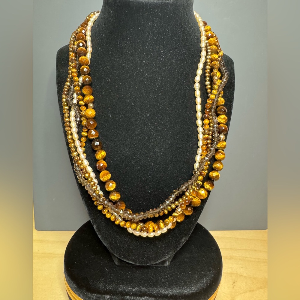 5 strand necklace featuring tiger’s eye & fresh water pearls w/14k clasp
